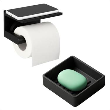 Imagem de Kit 2 em 1 Banheiro Saboneteira Moderna Seca Sabonete Com Escorredor E Suporte Papel Higiênico Multiuso Com Apoio Para Celular Organizador Elegante Minimalista Prático Funcional Decoração