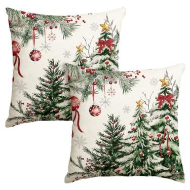 Imagem de AVOIN colorlife Capa de almofada cinza com árvores de Natal e bolas vermelhas, 45,7 x 45,7 cm, decoração sazonal de inverno, para sofá e sofá, conjunto de 2