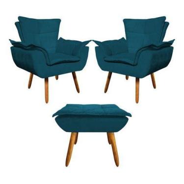 Imagem de Kit 2 Poltrona+puff Opala Sala De Estar Suede Azul Marinho - King Lar