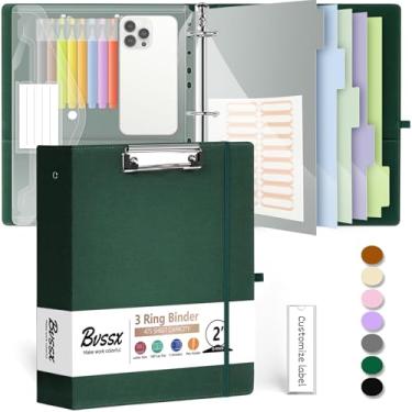 Imagem de Fichário de 3 anéis, 5 cm, organizador BVSSX de três argolas com prancheta, pasta de plástico, divisórias de bolso de 5 abas com etiquetas adesivas, alça para caneta, alça elástica (verde, tamanho