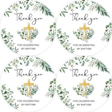 Imagem de 40 adesivos de agradecimento ao batismo, adesivos redondos Greenery My Baptism, etiquetas redondas cruzadas de primeira comunhão para lembrancinhas de festa temáticas de aniversário/batizado