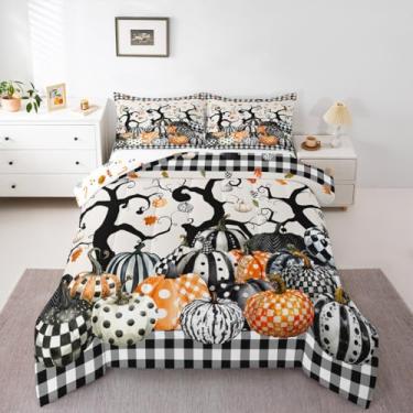Imagem de Feelyou Conjunto de edredom solteiro Happy Fall Y'all, outono, abóbora, para crianças, meninos e meninas, decoração de Ação de Graças, edredom preto e branco, microfibra, 2 peças com 1 fronha