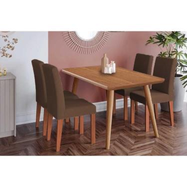 Imagem de Conjunto: Mesa de Cozinha Adele Tampo Madeirado 130x80cm e 4 Cadeiras Maia Carvalho/Cinamomo - Cinamomo/Suede Mascavo Chocolate - Cimol