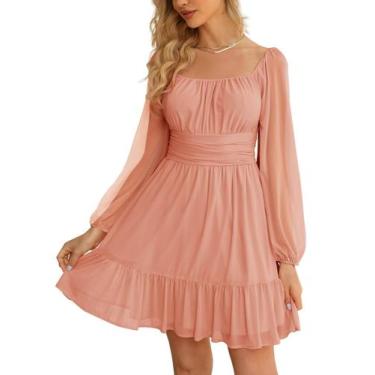 Imagem de Vestido Wenrine Mesh, manga comprida, gola quadrada, uma linha, babado