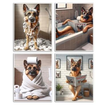 Imagem de XOTXAJML Conjunto de arte de parede de banheiro pastor alemão com 4 ideias de presente para proprietários de pastor alemão engraçado cachorro tomando banho pôster bonito decoração de banheiro adequado