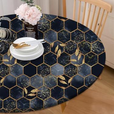 Imagem de Toalha de mesa redonda com borda elástica para pátio, resistente a amassados, impermeável, toalha de mesa de vinil para piquenique, acampamento interno e externo, folha quadriculada dourada hexagonal