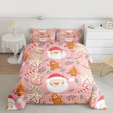 Imagem de jejeloiu Conjunto de edredom casal com desenho animado de Papai Noel, para crianças, meninos, meninas, homem de gengibre, rosa, 3 peças com 2 fronhas