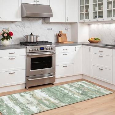 Imagem de GENIMO Tapetes de cozinha antiderrapantes laváveis para chão, tapete de corredor de cozinha abstrato, impermeável, tapete de chão para corredor, lavanderia, pia, entrada, banheiro, 51 x 178 cm, verde