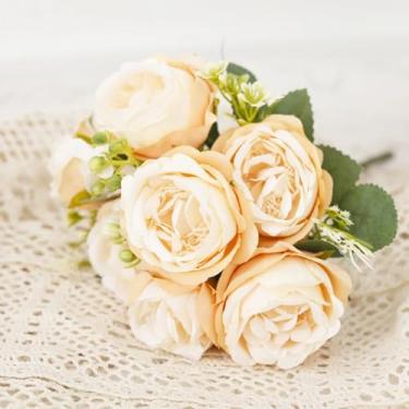 Imagem de Flores artificiais de peônia de seda, buquê de rosas, decoração de casa e natal, arranjos florais falsos para casamento, jardim, guirlanda, acessórios para festa faça você mesmo (champanhe)