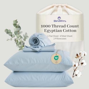 Imagem de Bedlifes Lençóis de algodão egípcio 1000 fios tamanho Queen, 4 peças de bolso profundo de 40,6 cm - Roupa de cama ultramacia refrescante e respirável para conforto do hotel (azul claro)