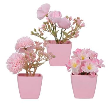 Imagem de Euniah Pacote com 3 pequenos vasos de flores falsas em vasos de plantas, mini cubo branco, decoração de vegetação para decoração de interiores, janela, mesa, escritório, colorido (D)