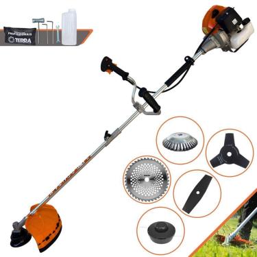 Imagem de Roçadeira À Gasolina Terra GRHB430 Bi-Partido 43cc 2T 1,7HP Com 5 Opções de Corte Com Carretel Nylon + 3 Facas + Escova de Aço Para Pavers e Concreto