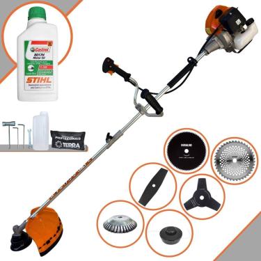 Imagem de Cortador de Grama À Gasolina Terra GRHB430 Bi-Partida 43cc 1,7HP 12000rpm Roçadeira Lateral 6 Em 1 Com Carretel + Kit 4 Facas + Escova + ÓLEO STIHL 2T