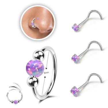Imagem de Thiswhyimbeauty 2 anéis de nariz de opala de 18 g para mulheres, argolas de nariz de 8 mm/10 mm, aço cirúrgico 316L, joias para piercing de nariz, anel de septo e brinco de cartilagem, Criado com