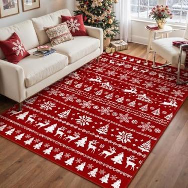 Imagem de PureCozy Tapete de Natal, 10 x 15 cm, vermelho, lavável, com pelo baixo, tapete decorativo antiderrapante para quarto, sala de estar, entrada, sala de jantar, decoração festiva