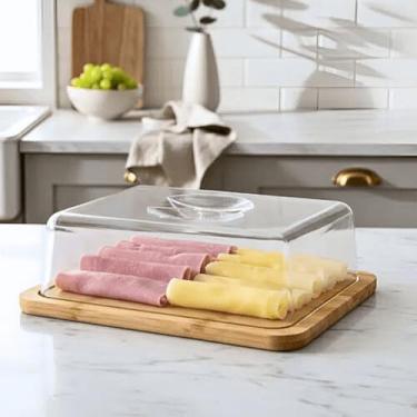 Imagem de Porta Frios Queijos Frutas Tábua Bambu Com Tampa Geladeira Transparente