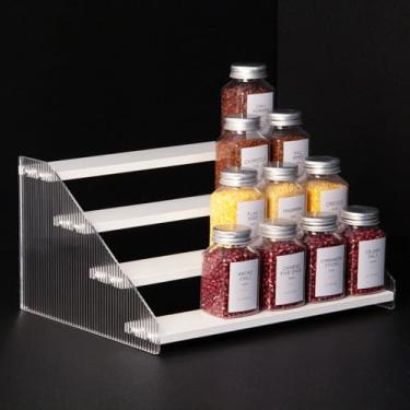 Imagem de nianfeng Porta-temperos em camadas, organizador de armário de cozinha com 4 camadas, 30,5 cm, suporte de escada de acrílico de madeira natural, prateleira de tempero de bancada (branco)