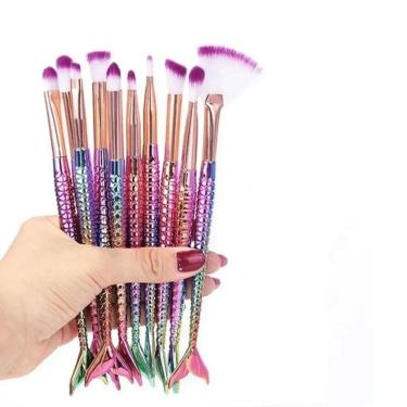 Imagem de Kit 10 Pincéis Sereia Maquiagem Sombra Blush Contorno Luxo