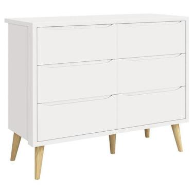 Imagem de Cômoda Infantil 6 Gavetas Retrô Theo Branco Acetinado com Pés Natural 