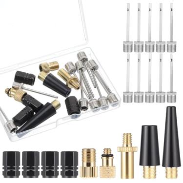 Imagem de 19 peças de agulhas infladoras, adaptador de válvula, adaptador de válvula de bicicleta, conversor DV SV, AV, bomba esférica, agulha, latão, Presta Schrader, adaptadores com caixa para bicicleta