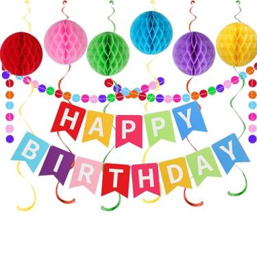 Imagem de Decorações de festa de feliz aniversário, faixa de feliz aniversário, bolas coloridas de colmeia de papel, serpentinas de redemoinho penduradas, decorações de pendurar com pontos circulares para