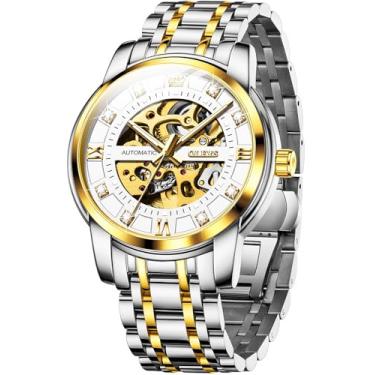 Imagem de OLEVS Relógio masculino automático esqueleto diamante luxuoso mecânico automático relógio de pulso à prova d'água luminoso, G9901: pulseira de dois tons e mostrador branco