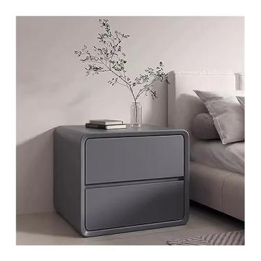 Imagem de Mesa de cabeceira de madeira maciça com duas gavetas sem alças mesa de cabeceira de couro de microfibra branca/cinza/curry/laranja móveis de cabeceira grande espaço armazenamento mesa de cabeceira