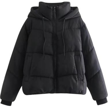 Imagem de Jaqueta Puffer Com Capuz Crop Feminina Com Zíper Inverno Acolchoado Quente Curto Jaqueta Outerwear, Black, M