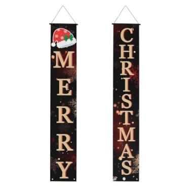 Imagem de Conjunto de banner de decoração de varanda de Natal, placa de Feliz Natal para porta, pacote com 2 decorações para pendurar ao ar livre 70,9 x 11,8 polegadas