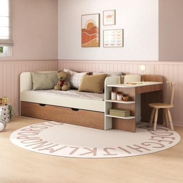 Imagem de Cama de Solteiro Funcional Infantil com Escrivaninha e Cama Auxiliar 100% Mdf Premium Helena Off White/ Castanho