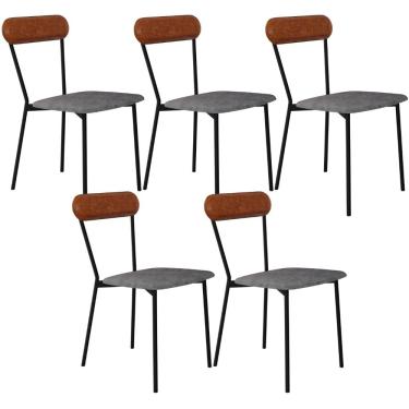 Imagem de Kit 05 Cadeiras Estofada Para Sala de Jantar Liora Preto C01 Linho Prata Courino Caramelo - Lyam Decor
