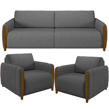 Imagem de Kit Sofá 03 Lugares Sala Estar 223cm Com 02 Poltronas Flora Pés Madeira M03 Linho Chumbo - Lyam Decor