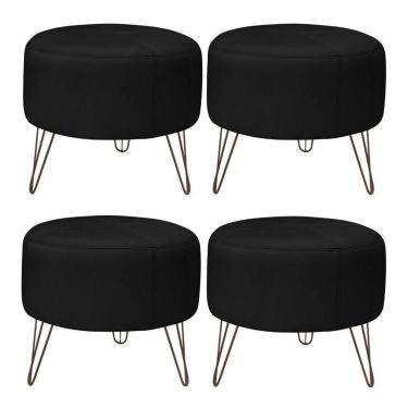 Imagem de Kit 4 Puffs Decorativos Redondo Pés Metal Couro Preto - Gran Belo