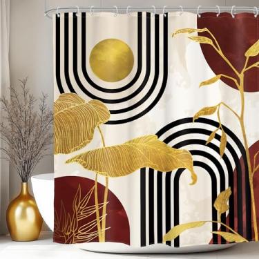 Imagem de Glawry Cortina de chuveiro abstrata vermelha de meados do século boho retrô tropical palmeira planta minimalista arco solar banheiro estética geométrica 152 cm L x 182 cm C acessórios de banho arte