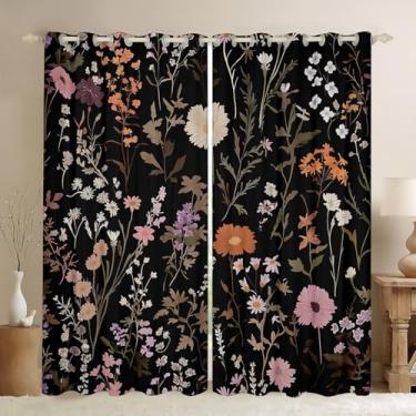 Imagem de Cortinas blecaute rosa e preto flores silvestres florais e plantas conjuntos de 2 painéis 106 cm L L L flores silvestres tratamentos de janela cortinas para quarto/sala de estar, decoração floral