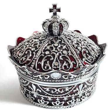 Imagem de SIWOT Baú de joias com design de coroa, caixa de armazenamento redonda de metal vintage criativo, estojo de joias com padrão retrô de liga (vermelho cromado, grande)