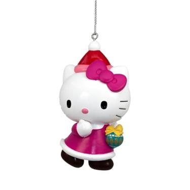 Imagem de Kurt Adler Enfeite de Natal Hello Kitty – Personagem Sanrio de 9 cm em vestido rosa com chapéu de Papai Noel e presente, decoração de árvore de Natal