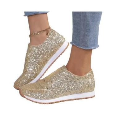 Imagem de Tênis Feminino Slip-on De Salto Baixo Em Ouro E Prata Moda Casual Outo