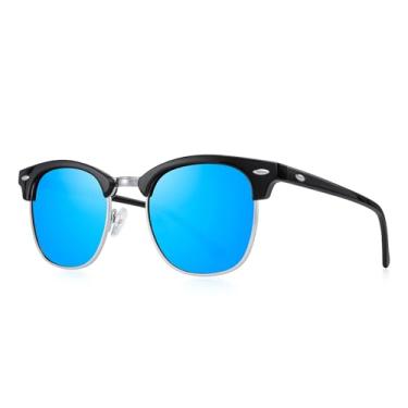 Imagem de Óculos de sol polarizados sem aro para homens e mulheres, óculos de sol clássicos de meia armação para dirigir, Armação preta/ponte prateada/lente espelhada azul, Lens Width: 51 Millimeters