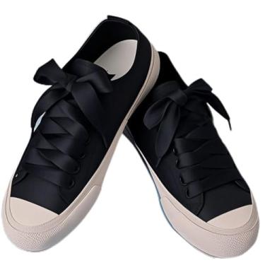 Imagem de 2 pares de cadarços de fita de cetim de 9,5 cm de largura para tênis, botas de skate, sapatos esportivos de substituição, Preto, One Size