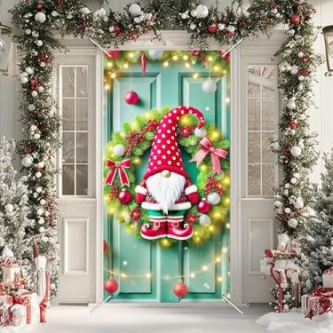 Imagem de BlissYard Capa de porta de guirlanda de gnomo de Natal, 89 x 188 cm, faixa festiva de férias, decorações fofas, portas de tecido de poliéster, mural para pendurar na parede, presente de Natal para