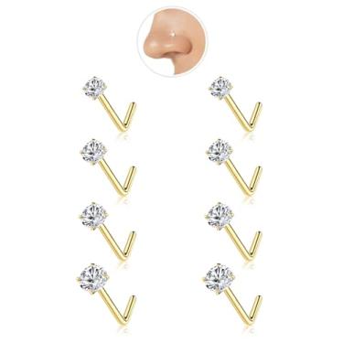 Imagem de 8 peças de aço cirúrgico hipoalergênico 20G em forma de L / parafusos de nariz para mulheres e homens, anéis de nariz de saca-rolhas com 1,5-3 mm CZ gancho leve pinos de narina, 1.5/2.0/2.5/3.0mm, Aço