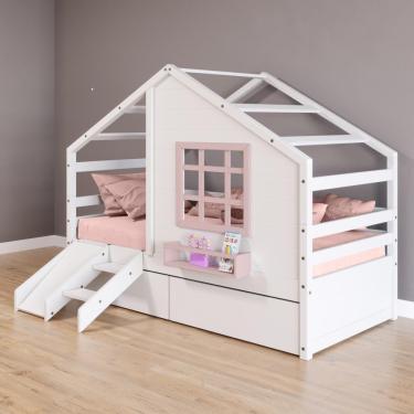 Imagem de Cama Casinha Com Janela Com 02 Gavetas E Escorregador Madeira Maciça Branco- Rosa Housin
