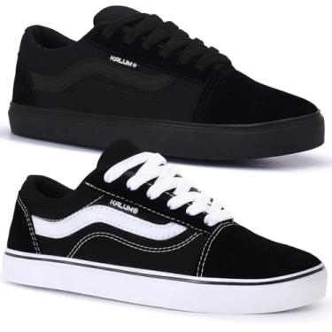 Imagem de Kit 2 Pares Tenis Feminino Casual Kalum Old School Tradicional Unissex Sola Reta (PRETO BRANCO + PRETO, BR, Adulto, Numérico, 35)