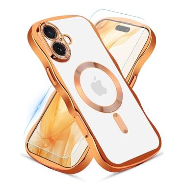 Imagem de Jusy Capa de telefone compatível com MagSafe com protetor de tela para iPhone 16, linda capa de telefone transparente e ondulada de metal magnético brilhante macia à prova de choque - laranja