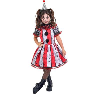 Imagem de Fantasia Infantil Halloween Palhaça de Circo de Terror pra Menina Vestido Gola e Tiara (Vermelho e Cinza, M 4-6)