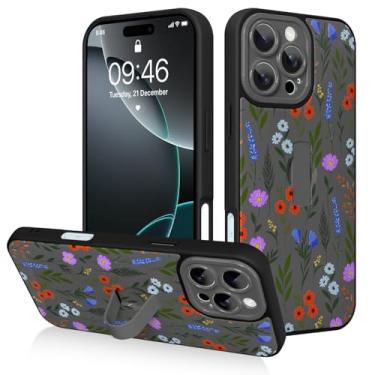Imagem de AIGOMARA Capa para iPhone 16 Pro com alça de dedo, linda estampa floral estampa floral para mulheres e meninas, capa protetora à prova de choque antiarranhões com suporte de mão, preta