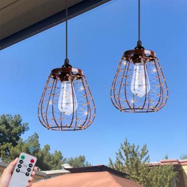 Imagem de ALL FORTUNE Lustre externo operado por bateria, luzes pendentes suspensas à prova d'água para iluminação de decoração de gazebo, pérgola, varanda, pátio, interior e exterior