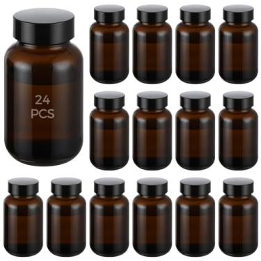 Imagem de Anjetan Embalagem com 24 frascos de vidro âmbar, altura de 9,9 cm, 120 ml / 118,3 ml garrafa de vidro de boca larga com tampa de rosca, garrafas redondas pequenas recarregáveis para líquidos