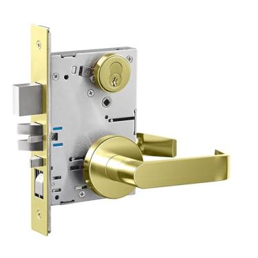 Imagem de SUMBIN Fechadura de porta de alavanca comercial, maçaneta de porta de bloqueio resistente, fechadura de alavanca de encaixe ADA UL CUL, sem mão grau 1 para porta corta-fogo industrial em ouro escovado